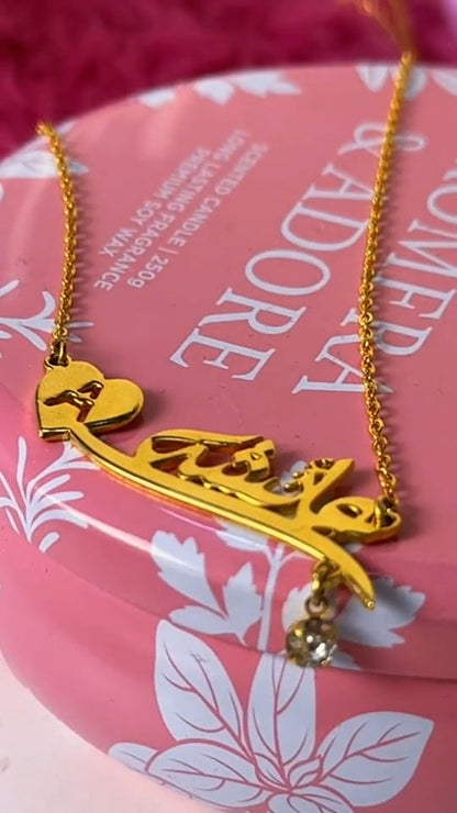 Personalized Arabic Name Necklace with Heart Initial & Crystal Drop – Gold Plated